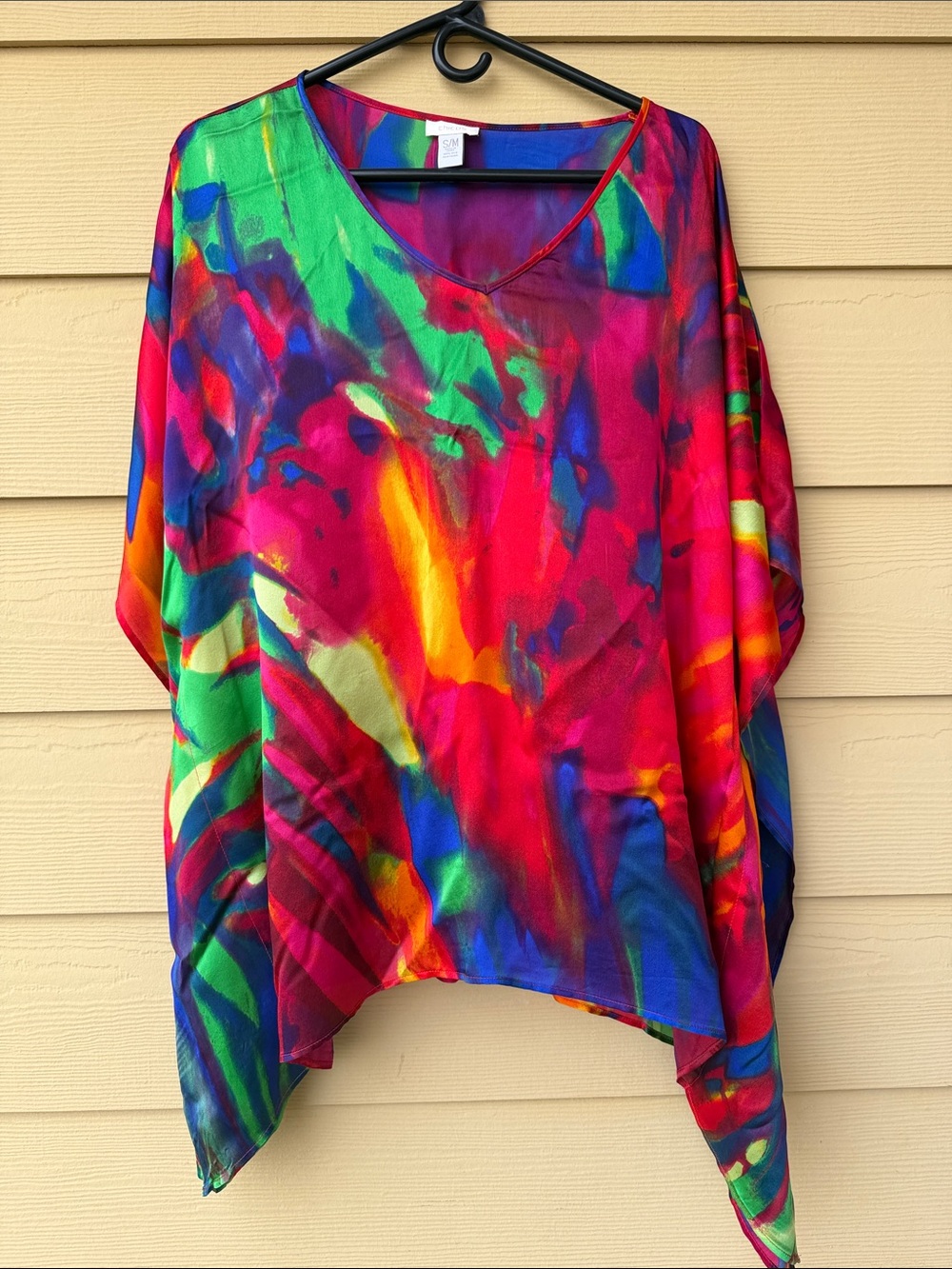 Chico’s 100% Silk Multicolor Artsy Abstract Lagenlook Poncho Blouse S/M